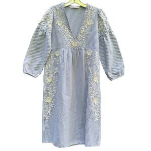 Zara Trafaluc Blue White Pinstripe Embroidered Midi Dress Size M